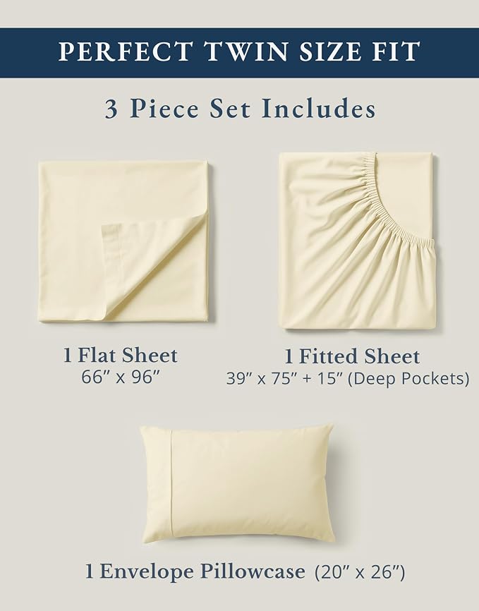 LANE LINEN Twin Sheets 100% Organic Cotton Soft 3pc Percale - Natural | Twin Sheets In Pure Long-Staple Organic Cotton - Honest-Price Organic Quality, Crisp, Cool & Breathable, For Hot Sleepers