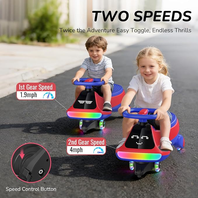 Umatoll 12V Electric Wiggle Car for Kids with Pedal, Display, Rechargeable Battery, LED Light, Bluetooth, Light-Up Wheels, Anti-Rollover, 2 Speeds, Ride on Toys, Birthday Gifts for Age 3+, 150Lbs