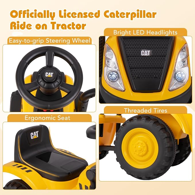 Costzon Kids Ride on Tractor, 2-in-1 Licensed Caterpillar Ride on Push Car w/Detachable Trailer, Horn, LED Lights, Rake & Shovel, Foot-to-Floor Sliding Car Gift w/No Power, Ride on Toy for Toddlers