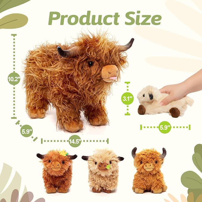 OUOZZZ Highland Cow Stuffed Animal, 14.5" Large Mom and 4 Babies Set | Realistic Fluffy Plush Toy, Includes 4 Baby Calves, Travel-Friendly & Portable