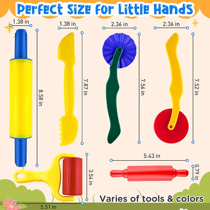 Clay and Dough Tools 6 Pieces Basic Dough Tool Set for Kids, Variety of Rolling Pins, Rollers, Cutters