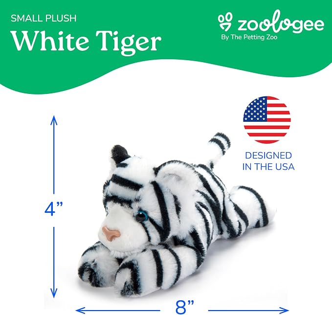 The Petting Zoo White Tiger Stuffed Animal Plushie, Gifts for Kids, Scoopz Wildlife Animals, Tiger Plush Toy, 8 inches