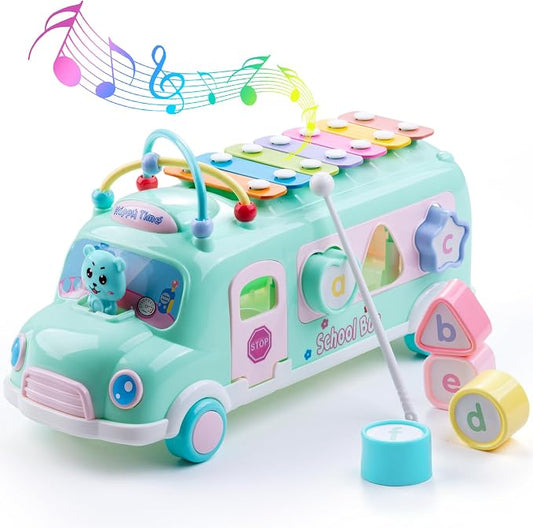 5-in-1 Baby School Bus Xylophone Toys for 1 Year Old Girl Gifts, Educational Toddler Toys , 1st Birthday Gril Gift, Toddlers Montessori Musical Baby Bus with Shape Sorter & Knock Hammer