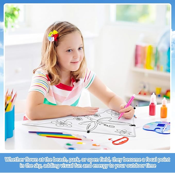 Syhood 60 Pcs DIY Coloring Kites Kit for Kids Pre-Printed Cartoon Animal Kites Summer Decorating Making Kit with Watercolor Pens and Strings Handles for Outdoor Game and Activities
