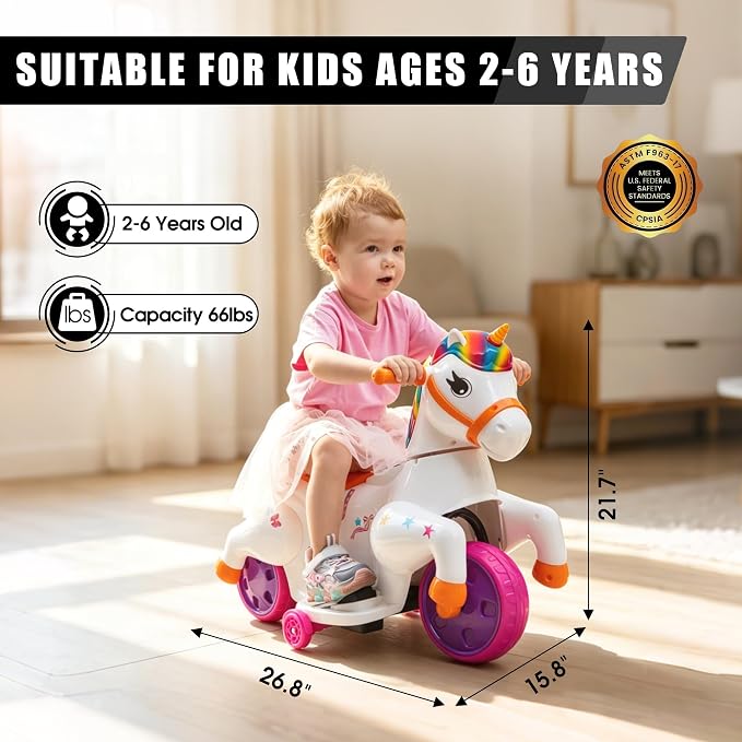 TOBBI Electric Unicorn Ride on Toy Kids Car for Toddler Ages 2-6 Battery Powered Rideable Rocking Horse Pony with Music 3 Wheeler Motorized Unicorn Riding Toys for Baby, Girls & Boys