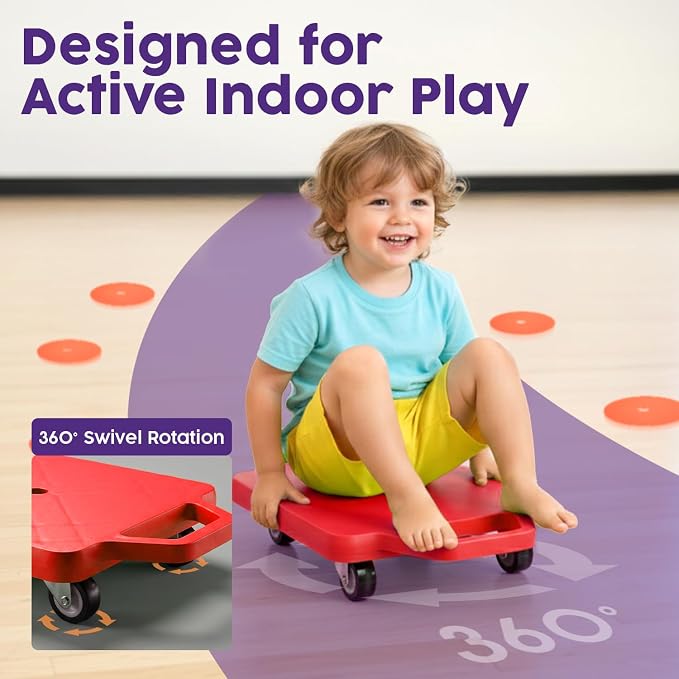 Hurtle Scooter Boards for Kids with Safety Handles, 2-Pack Heavy Duty Gym Floor Scooters with 360° Wheels for PE, Indoor Active & Sensory Play, Support 200 lbs, Includes Cones & Tow Strap, Blue & Red