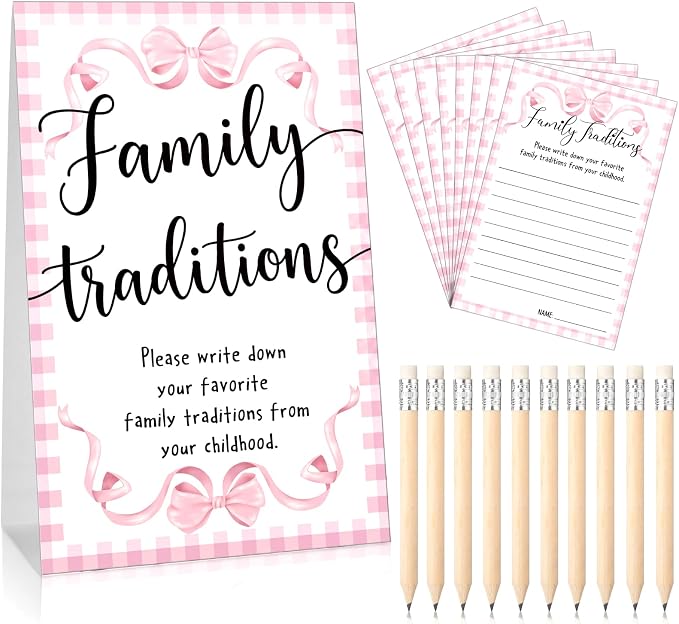 Fumete 61 Pieces Family Tradition Baby Shower Games Include 1 Family Traditions Standing Sign and 50 Activities Cards with 10 Pencils for Gender Reveal Bridal Shower Wedding(Pink,Bow)
