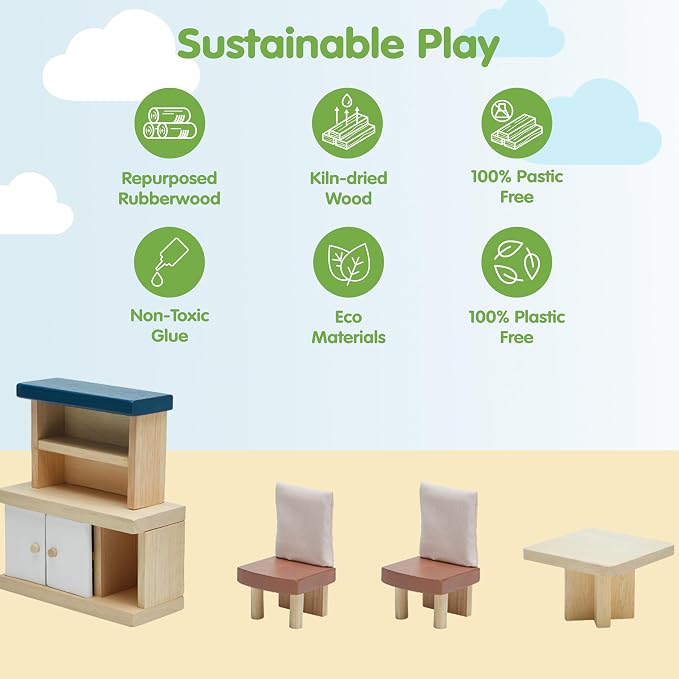 PlanToys® Wooden Dining Room Set | Montessori Dollhouse Furniture with Table, Chairs, Cupboard and Shelf | Imaginative Role Play Toy for Social Interaction | Eco Friendly Pretend Play Kitchen Activity