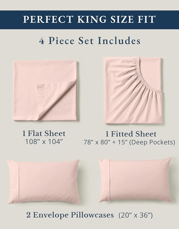 Lane Linen King Sheets 100% Organic Cotton Percale Cooling 4pc - Sepia Rose