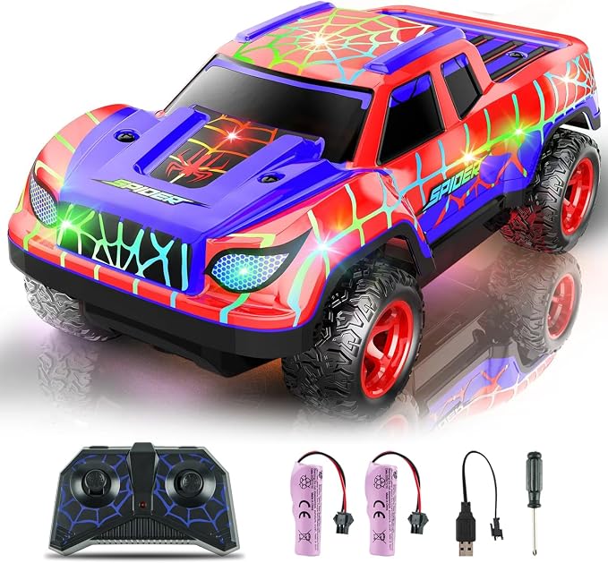 Spider RC Car for Kids, 1:24 Remote Control Car with Color-Changing LED Lights, 2.4GHz 50m Range, 2 Rechargeable Batteries, USB Charging Racing Toy Gift for Boys Girls Ages 6-7,8-12