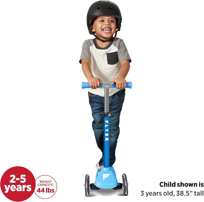 Radio Flyer Glider Jr. Scooter with Light Up Wheels, Blue, for Kids 2-5 Years Old, Lean-to-Steer, Adjustable Handlebar, Rear Foot Brake, Smooth Bearings, Comfort Grips, 3 Wheel Scooter for Kids