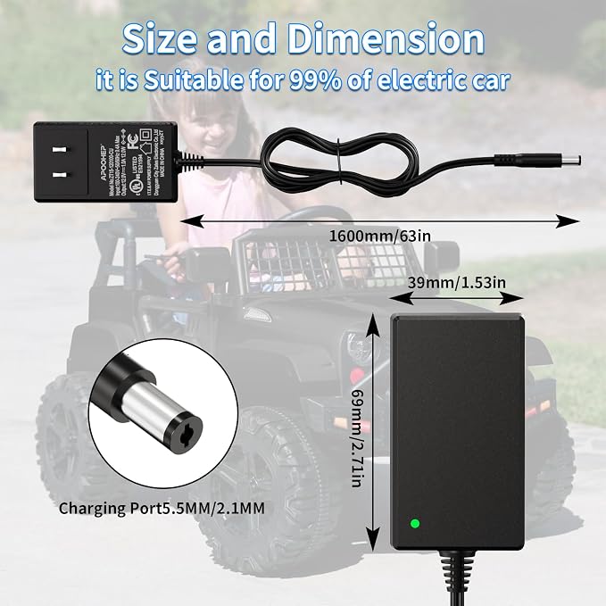 UL Certified 12V Battery Charger for Ride On Toys, 12V Ride On Replacement Charger, 12V Charger for Kids Ride On Car, Universal 12 Volt for Kidzone Bumper Car, Power Wheels, Flybar (Compact & Safe)