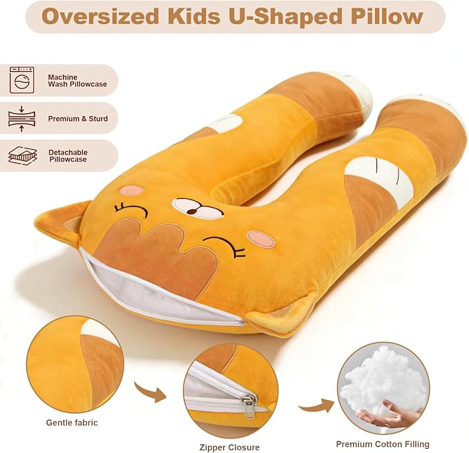 47x23 inch U Shaped Long Plush Body Pillows for Kids, Stuffed Animal Cat Soft Large Pillow for Sleeping, Big Cute Plushies, Washable Cover, Gift for Boys and Girls