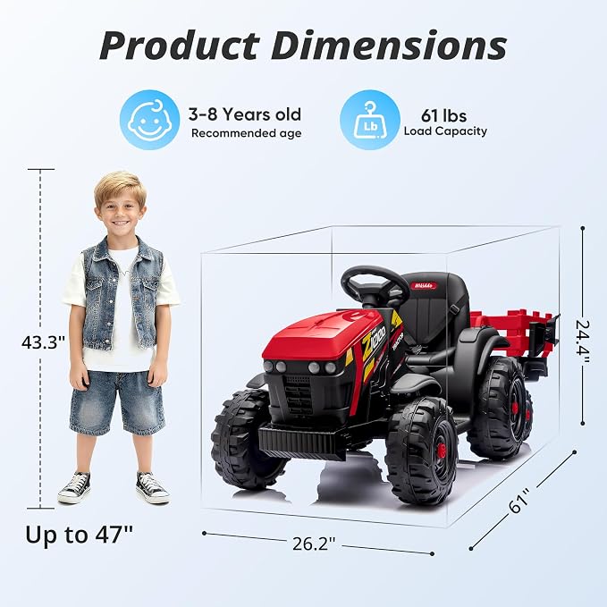 Hikiddo 24V Kids Ride on Tractor Toy, Electric Tractor for Kids 3-8 with Trailer, 2x200W Motors - Red