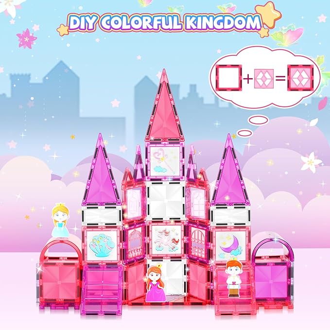 Magnetic Tiles Building Set 101pcs, STEM Toys for Girls 3-6, Princess Castle with Magnetic Car
