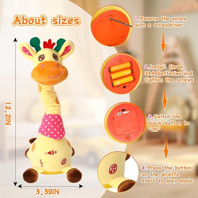 LUKETURE Dancing Talking Giraffe Toy Stuffed Plush, Cute Interactive Talking Giraffe Gift for Girls Boys Kids, Musical Baby Toys Singing 10 Children's Song Repeats What You Say