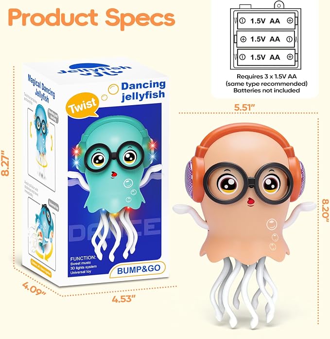GONINO DJ Dancing Jellyfish Baby Toys, Musical Crawling Tummy Time Toys with LED Light & Smart Obstacle Avoidance, 360° Spin Sensory Toys for Toddlers, Kids Toys Birthday Gifts for Boys Girls, Orange