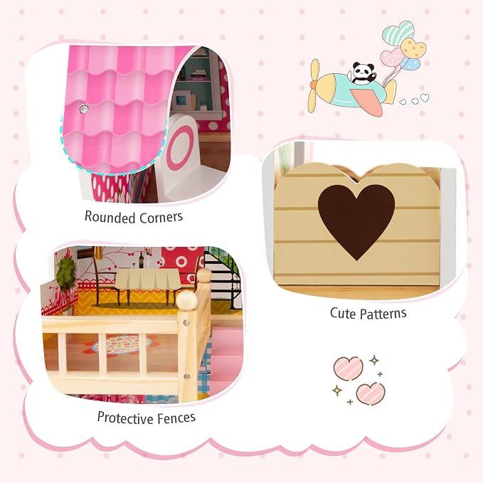HONEY JOY Pink Doll House, Wooden Kids Dollhouse with Balcony & Stairs, 15 Pieces Accessories & Furniture Included, Large 3-Story Easy to Assemble Doll House Toy, Gift for Toddler Boys Girls, Pink