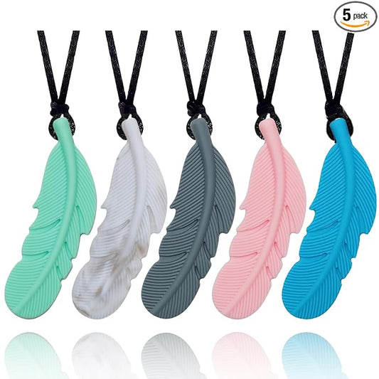 Sensory Chew Necklace for Kids, Boys and Girls, 5 Pack Silicone Feather Chewy Necklaces for Autism, ADHD, Chewing, Oral Motor Chewable Pendant for Mild Chewers
