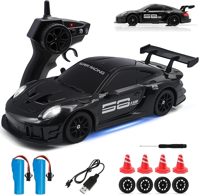 RC Drift Car, 1:24 4WD Remote Control Cars Vehicle with LED Light,2.4GHz 20KM/H High Speed RC Cars with Two Batteries & Drifting Tires Racing Sport Toy for Adults Boys Girls Kids Black