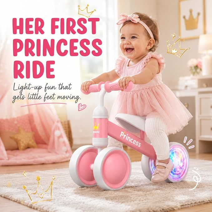 BEKILOLE 1 Year Old Girl Gifts Baby Balance Bike 1st Birthday Girl Gift with LED Light Up Wheels for 12-24 Months Toddlers - ASTM Certified 2-Minute Assembly Pink First Ride On Training Toy