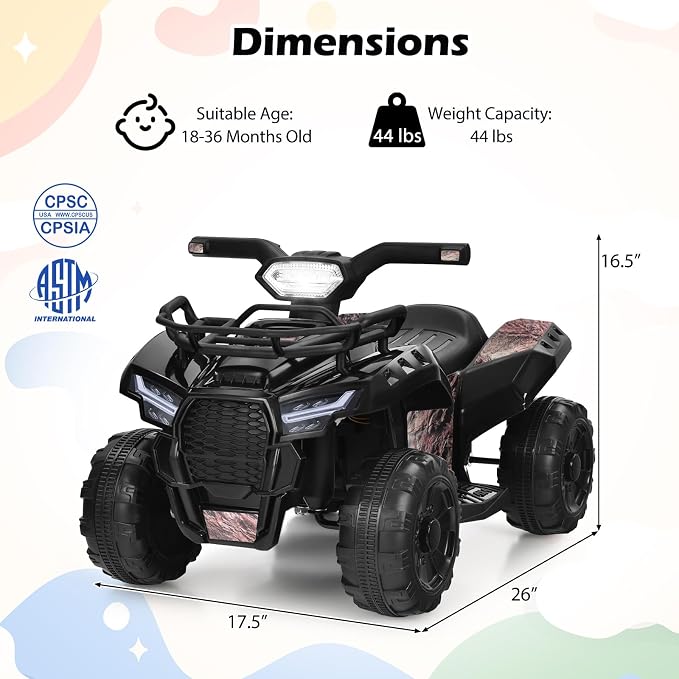 Costzon Kids ATV, 6V Battery Powered Electric Vehicle Four Wheeler Quad w/Storage Basket, Headlight, Horn, Music, MP3 & USB, Toddler 4 Wheeler Ride on Car Toy for Boys Girls 18-36 Months (Black+Camo)