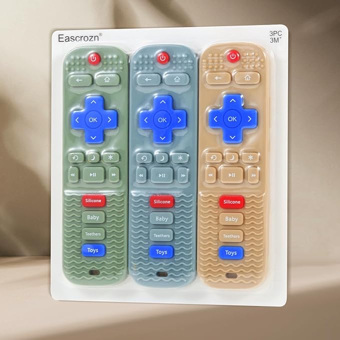 Eascrozn 3 Pack Baby Teething Toys, Silicone TV Remote Control Shape Teethers for Babies Toddler 0-24 Months Chew Toys, Teething Relief Baby Toys for Infants, BPA Free Refrigerator Safe