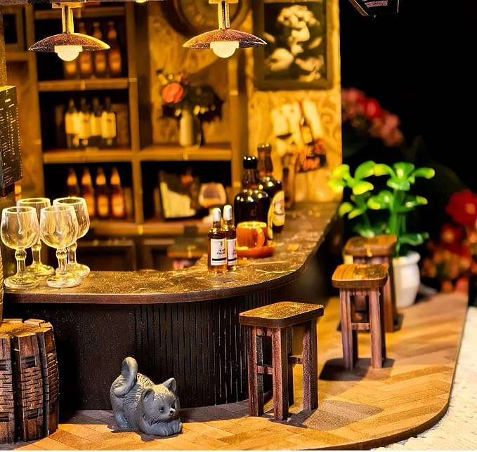 Book Nook Kit, 3D Wooden Miniature Tavern & Pub Dollhouse with LED Lights - DIY Mini House Craft Model for Adults, Birthday Valentine's Day Gift for Women Men