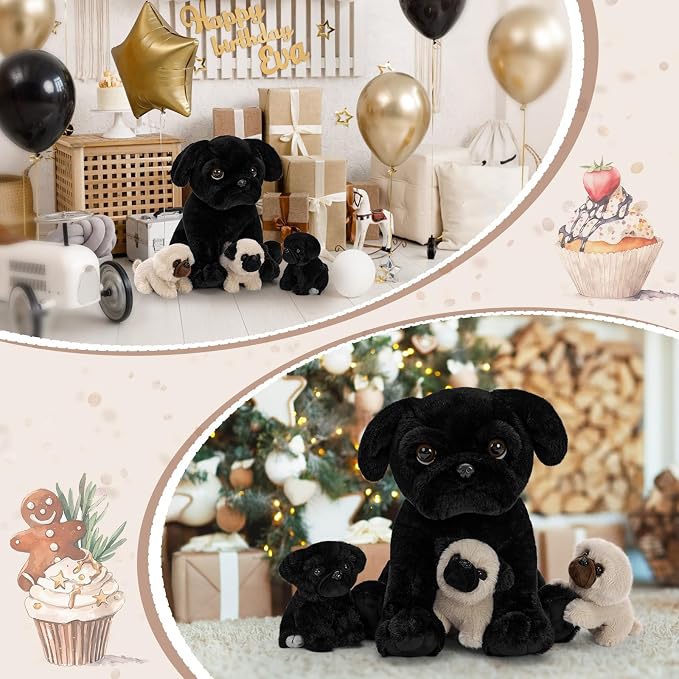 MorisMos Pug Stuffed Animal with Babies Inside, 14" Mommy Stuffed Pug with 3 Baby Puppies, 4Pcs Interactive Soft Cuddly Dog for Kids, Dog Lovers, Birthday Christmas Baby Shower Room Decor