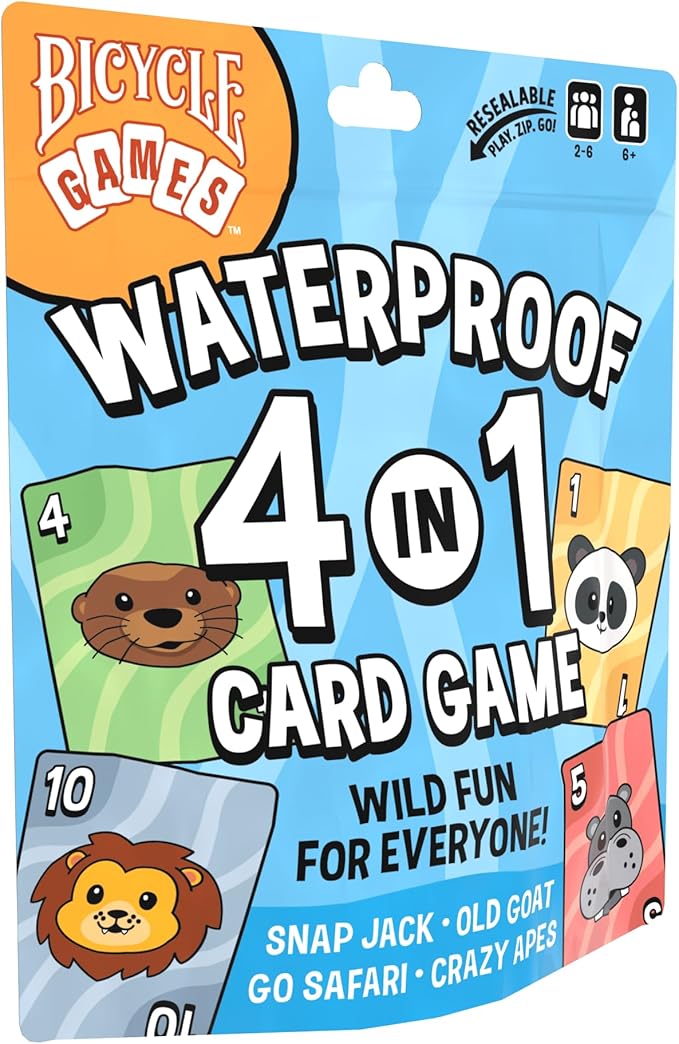 Bicycle Waterproof 4‑in‑1 Card Games Set – Durable Plastic Playing Cards Deck for Go Fish, Slap Jack, Crazy Eights & Old Maid, Family Travel Game Pack, Washable, Kid‑Friendly & Outdoor‑Ready