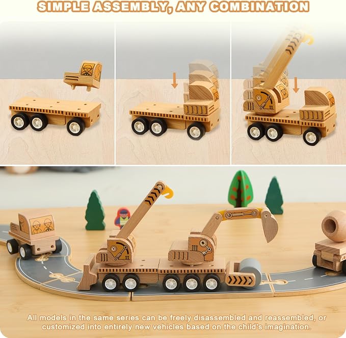 6-Piece Wooden Construction Vehicle Toys Set with Bulldozer, Excavator, Crane, Dump Truck – Montessori Toddler Toys Ages 2-4, All-Natural Safe Push & Go Gift for Boys & Girls