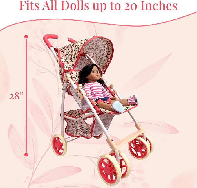 Baby Doll Stroller for Toddler Girls & Big Kids up to 8 Years Old | 28” Baby Stroller for Dolls, Toy Baby Stroller with Cute Coral Floral Print, Mesh Storage Basket, Canopy, Handle Grips, Rubber Tires
