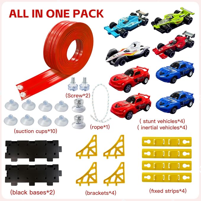 16.5 Ft Flexible Race Track for Kids, Portable DIY Roll-Up Racetrack Set Compatible with Diecast 1/64th Cars - Includes 8 Racing Cars & Super-Grip Gravity Ramp, Birthday Gift for Boys Girls 3-8, Red