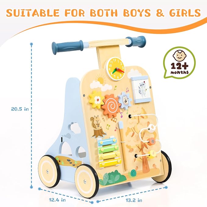 Wooden Baby Walker, Baby Push Walker for 12+ Months, Baby Walker with Activity Center, Push and Pull Walkers for Boys Girls