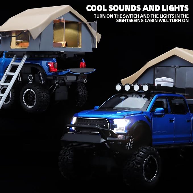 OANMYJJO Toy Trucks for Boys Age 4-7,Trucks for Kids F150 Diecast Truck,Model F150 Pickup Truck with Sightseeing Cabin,Pull Back Cars with Light and Sound,Trucks for Kids Ages 4-8（Blue）