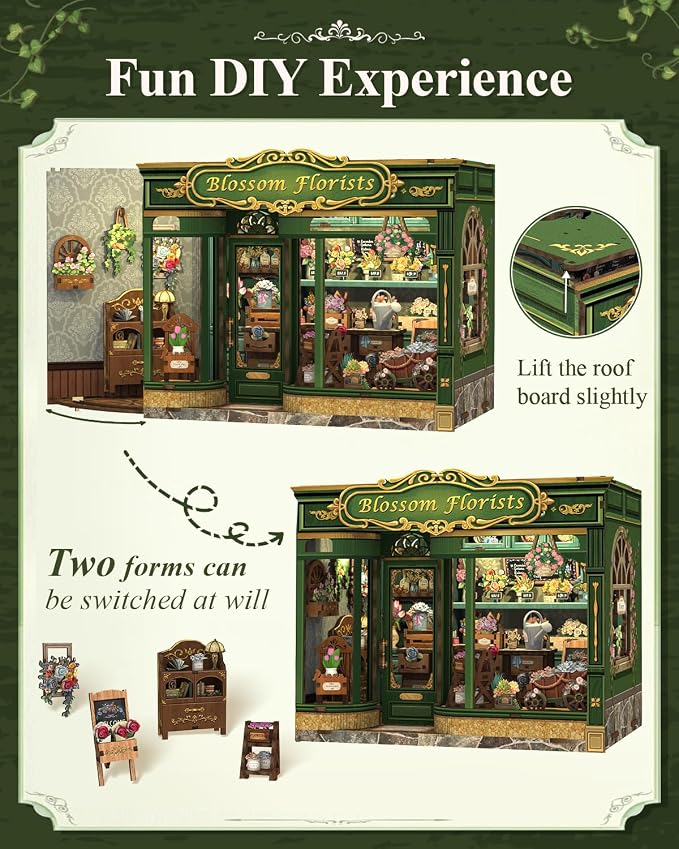 Cutefun Book Nook Kit - DIY Miniature Flower Shop Booknook Kits for Adults and Teens, 3D Wooden Puzzle Bookend Bookshelf with LED Light, Creative Crafts Gifts for Book Lovers (Blossom Florists)