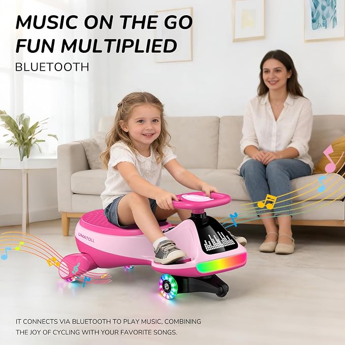 Umatoll 12V Electric Wiggle Car for Kids with Pedal, Display, Rechargeable Battery, LED Light, Bluetooth, Light-Up Wheels, Anti-Rollover, 2 Speeds, Ride on Toys, Birthday Gifts for Age 3+, 150Lbs