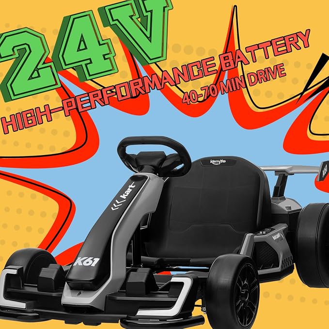 KerryYoo K61 Go Kart Electric Drift Kart with Length Adjustable Seat, 24V Outdoor Ride on Toy with 4 Speed Mode, Crazy Kart for Kids 6-12 Years Old, Fast 300W Motor, 8.5 MPH, Bluetooth - Gray
