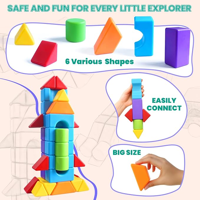 Magnetic Building Blocks, Multi 3D Shapes Set, 36 PCS for Kids Ages 4+ | 6 Colors, Large 1.65 Inch Magnetic Blocks, 6 Types of 3D Multi Shape Design