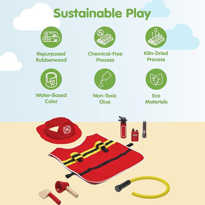 PlanToys® Firefighter Play Set with Pretend Play Rescue Kit Featuring Helmet, Jacket & Tools | Montessori Wooden Toy for Imaginative Role Play, Teamwork & Learning
