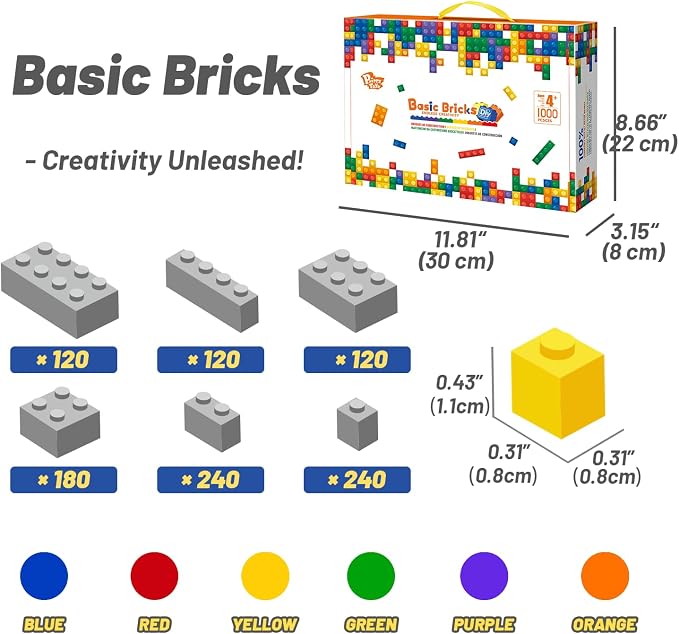 Pairez Toys 1000 Piece Blocks for Building, Bulk 2x4 Basic Bricks Building Set, Compatible with All Major Brands, STEM Building Toys for Kids Ages 4 5 6 7 8 (Rainbow)