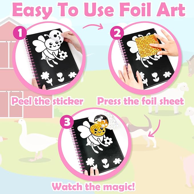 FUNNYB&G Foil Art Craft Kit for Girls 4-10 Years Old: Mess-Free & No-Glue, Create 16 Sparkly Interesting Insects Pictures – Perfect Travel Toy & Birthday Gift for Kids (Insects)