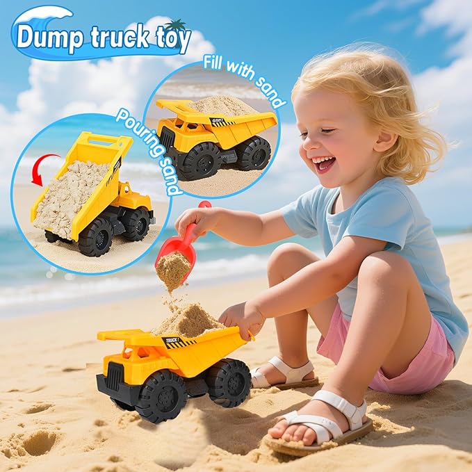 Beach Toys, 14Pcs Sand Toys with Construction Vehicle and Collapsible Beach Bucket, Animal Sand Mold Sets, Watering Can,Shovel Set with Mesh Bag,Summer Outdoor Play Travel Sandbox Gift for Boys Girls