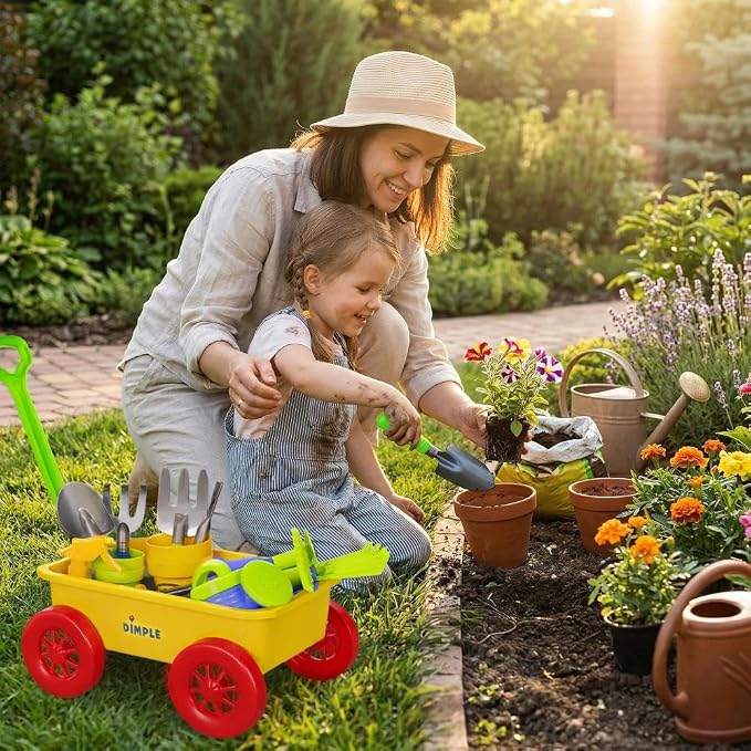 Dimple Kids Garden Wagon and Tool Set 15 Piece Toddler Gardening Playset with Plastic Garden Tools and Wagon Outdoor Play Toys for Yard Beach Sandbox Kids Gardening Kit for Boys and Girls Pretend Play
