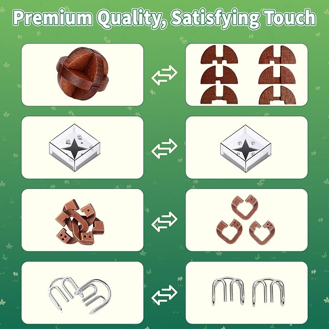 TAHAVICE 24 PCS Brain Teaser Puzzles Set, Wooden & Metal 3D Unlock Interlock Game, Kongming Luban Lock Wire Disentanglement IQ Puzzle, Logic Challenge Educational Gift for Adults Teens Kids