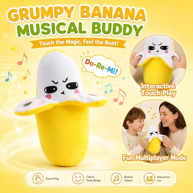 Interactive Music Plush Toy Set for Kids Adults, 8" Banana Fruit Sensing Metronome with Sounds for Multiplayer Interaction Game, Fun Musical Sensory Toy for Christmas Birthday Gifts