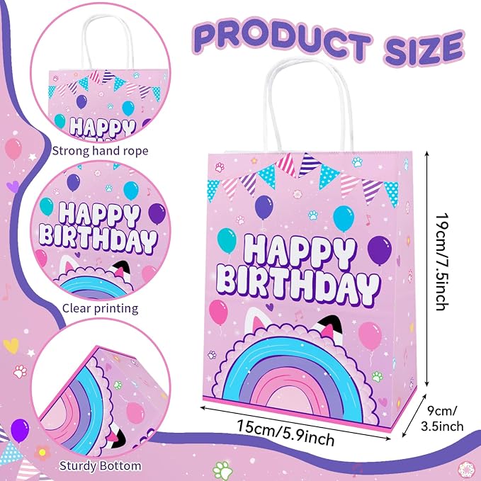 16PCS Dollhouse Gift Bags for Girls Kids Birthday 1st 2nd 3rd Cute Cat Themed Party Decorations Cartoon Cat Party Supplies Gifts Candy Paper Bags with Handles
