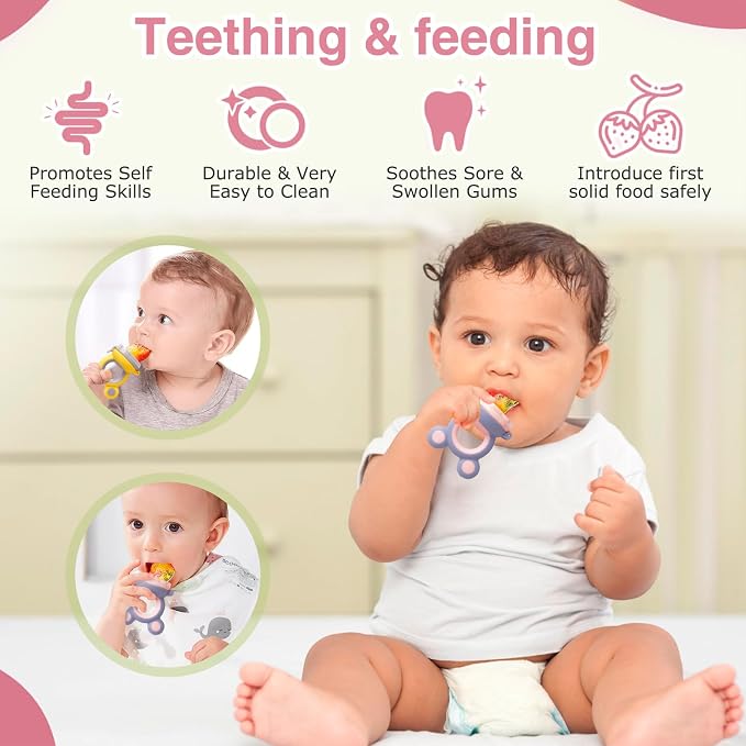 Baby Solids/Frozen Fruit Feeder Pacifier, Infant Teether Toy 4M+, BPA-Free Silicone Pouch & Nipple, Safely Introduce Solids, Teething Relief, 2-Pack