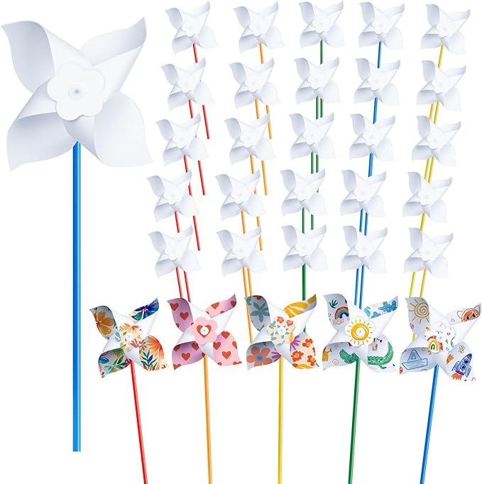 50 Pcs DIY Pinwheels Craft for Kids, Color Your Own White Pinwheel,Bulk Summer Pinwheel Craft Kit,Bulk Pinwheels for Spring Art and Creativity (50)