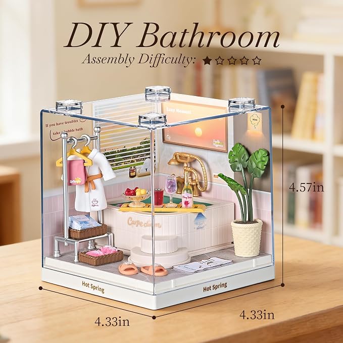 Miniature Hot Spring Spa DIY Bathroom Kit with Acrylic Display Case – Relaxing Bath Dollhouse Room Craft Set, Tool-Free Mini House for Teens, Adults & Beginners